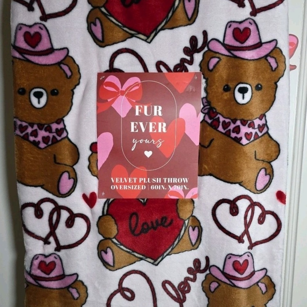 Fur Ever‎ Yours Cowboy Bears Valentine Hearts Velvet Plush Throw Blanket 60X70